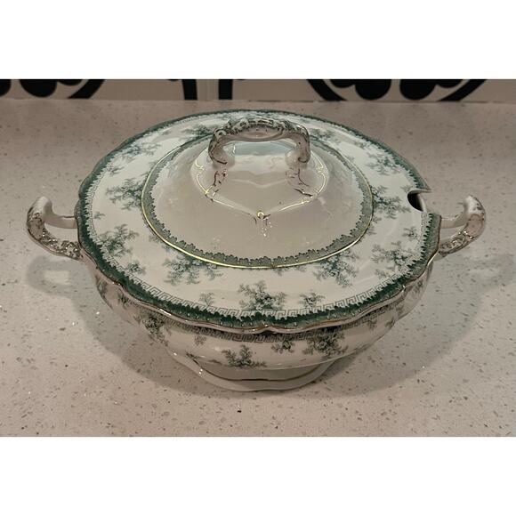 Antique Vintage John Maddock & Sons Hamilton Green Royal Vitreous Round Soup - Picture 2 of 5